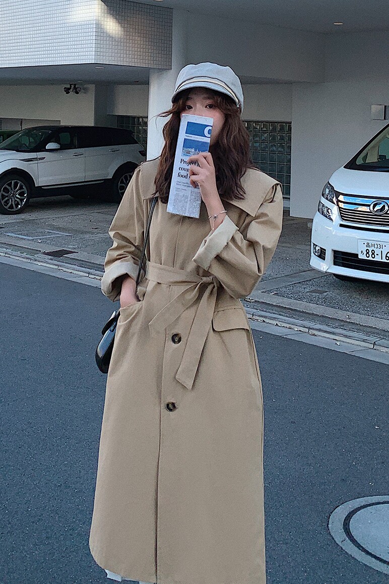现货2021春季新款娃娃领收腰长款风衣浙宝292A,女装风衣,时倾STUDIO