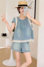 两件套女2024夏装新款圆领短袖时尚潮流牛仔套装，女装套装/套裙，天丝秀