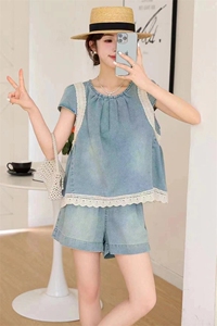 两件套女2024夏装新款圆领短袖时尚潮流牛仔套装图片