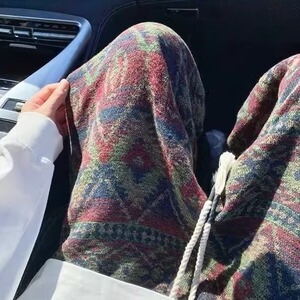 复古民族风针织裤子男款秋季垂感直筒卫裤美式复古脏脏阔腿休闲裤图片