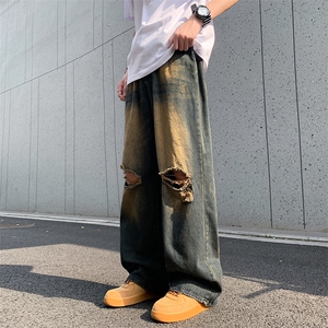 破洞牛仔裤男夏季新款复古水洗做旧美式高街宽松直筒裤90111-p45图片