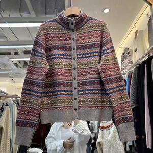 2025年秋季常规长袖单件时尚百搭通勤简约休闲民族风多色提花开衫,女装针织衫/毛衣,暖烁特种纱工厂店