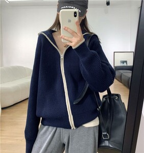 设计感小众高领拉链上衣慵懒风宽松别致针织开衫毛衣外套女秋季图片