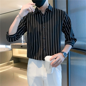 条纹七分袖衬衣新品轻熟风男装韩版修身衬衫男士 C156-3-4-5图片