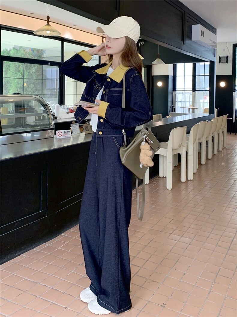 (新款现货）2026春装时尚针织牛仔拼接阔腿裤套装（两件套）,女装套装/套裙,印象茜