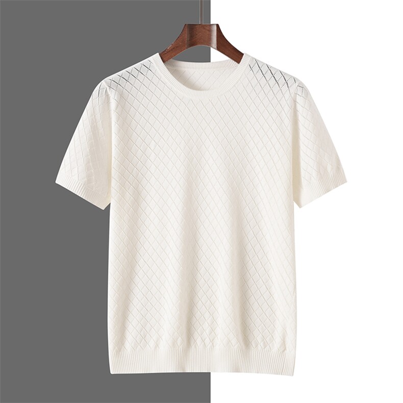 男士夏季商务休闲百搭舒适纯棉圆领镂空短袖，男装T恤，牧绒家园