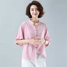 红白色竖条纹短袖百搭印花夏季衬衫设计感小众新女显瘦褶皱袖上衣，女装T恤，鑫鑫格