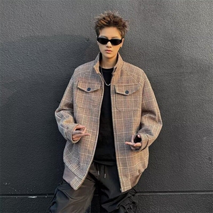 千鸟格小香风短款外套男春秋款美式复古百搭哈灵顿高级感立领夹克图片
