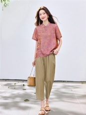 长期现货2026夏装新款时尚两件套装女提花新中式衬衫T小脚腿裤女，女装套装/套裙，璐依舞