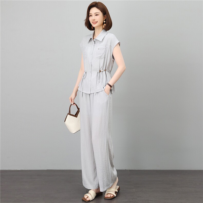 套装女2026年夏季新款时尚宽松中年妈妈大码亚麻长裤两件套,女装套装/套裙,江忆布依