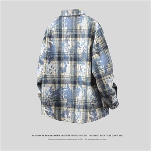 春季美式扎染印花长袖衬衫加厚复古格子外套C808P48控78-XZ402-2图片