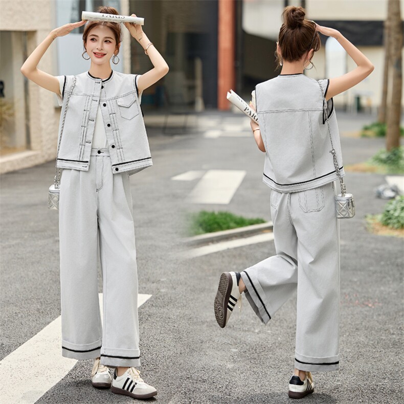 时尚复古牛仔套装女2025夏季新款韩版小个子工装马甲阔腿裤两件套，女装套装/套裙，瑶迪依秀