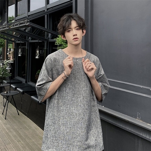 现货 夏季纯色亚麻潮宽松新中式大码棉麻短袖男MT08-特P25控48图片
