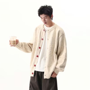 秋冬复古休闲慵懒风V领针织衫男纯色开衫毛衣外套914-4-M5811 P60图片
