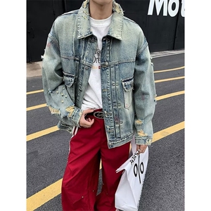 春秋季美式高街机车牛仔外套男款水洗做旧潮牌宽松休闲拉链夹克图片