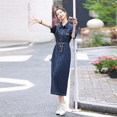 欧货时尚牛仔连衣裙女2024夏季新款修身洋气减龄泡泡袖衬衫中长裙，女装连衣裙，E百度