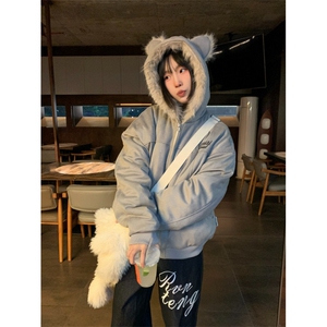 美式毛领兔耳座山雕棉衣男女冬季情侣棉服麂皮绒外套图片
