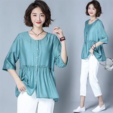 优雅时尚潮流2025年夏季纯色蕾丝衫/雪纺衫圆领个性气质，女装蕾丝衫/雪纺衫，风姿绰