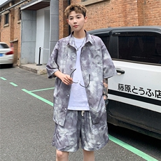 2025美式扎染印花冰丝凉感短袖衬衫薄套装TZ3456/特P45灰色5，男装休闲套装，电商A094