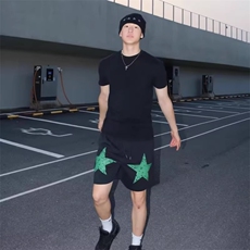美式高街五角星短裤子女夏季薄款宽松休闲运动阔腿五分中裤潮ins，男装牛仔裤，星座1210-1