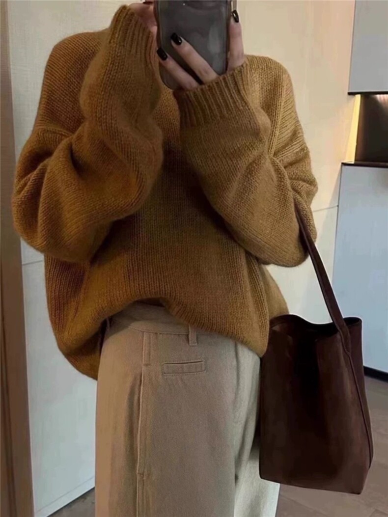 新款韩版宽松显瘦圆领套头针织毛衣女秋冬百搭软糯上衣,女装羊毛衫,思途羊绒