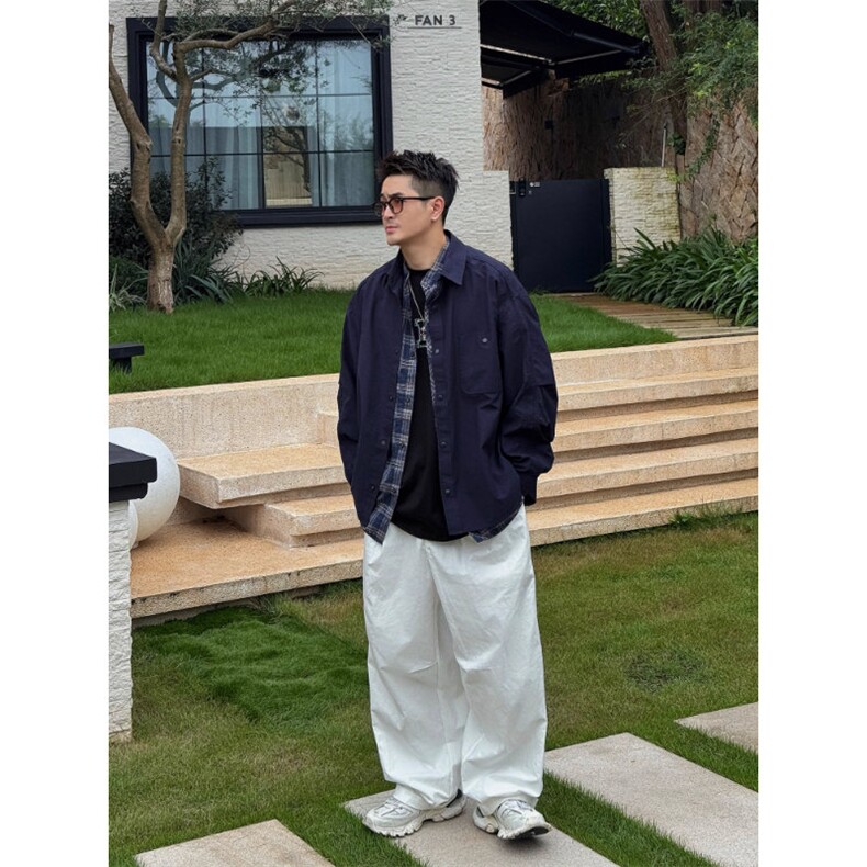秋季百搭小众假两件设计感格子衬衫外塔男长袖夹克帅气上衣,男装夹克,四季星座505