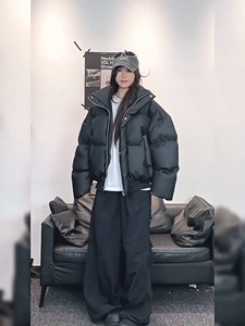 现货5W件冬季三防重磅硬挺boxy短款羽绒立领PU皮棉衣外套加厚棉服图片