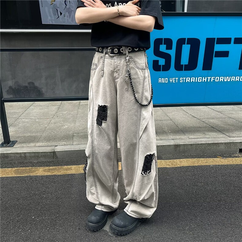KD0552-P55水洗破洞弯刀牛仔裤男2025新款夏季薄款阔腿直筒长裤,男装牛仔裤,电商C233