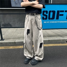 KD0552-P55水洗破洞弯刀牛仔裤男2025新款夏季薄款阔腿直筒长裤，男装牛仔裤，电商C233