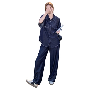 蓝色软牛仔短袖阔腿裤两件套女夏季巨好看韩里韩气独特漂亮一整套图片