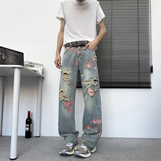 满印玫瑰花朵牛仔裤男款美式复古裤子慵懒风阔腿微喇裤NZ729-P48，男装牛仔裤，星座308B-1