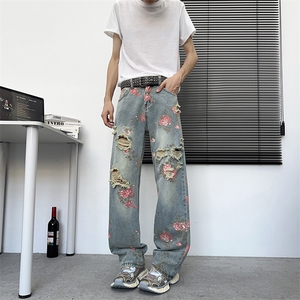 满印玫瑰花朵牛仔裤男款美式复古裤子慵懒风阔腿微喇裤NZ729-P48图片