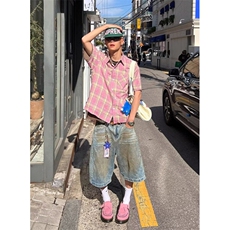 夏复古简约撞色格纹短袖衬衫男女宽松休闲防晒衬衣外套C7009，男装防晒衣，星座1116A（原606A-3）