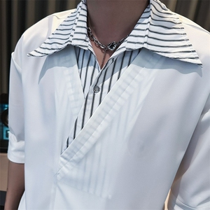 痞帅衬衫男短袖假两件条纹超火七分袖2025新款高级感冰丝衣服男装图片