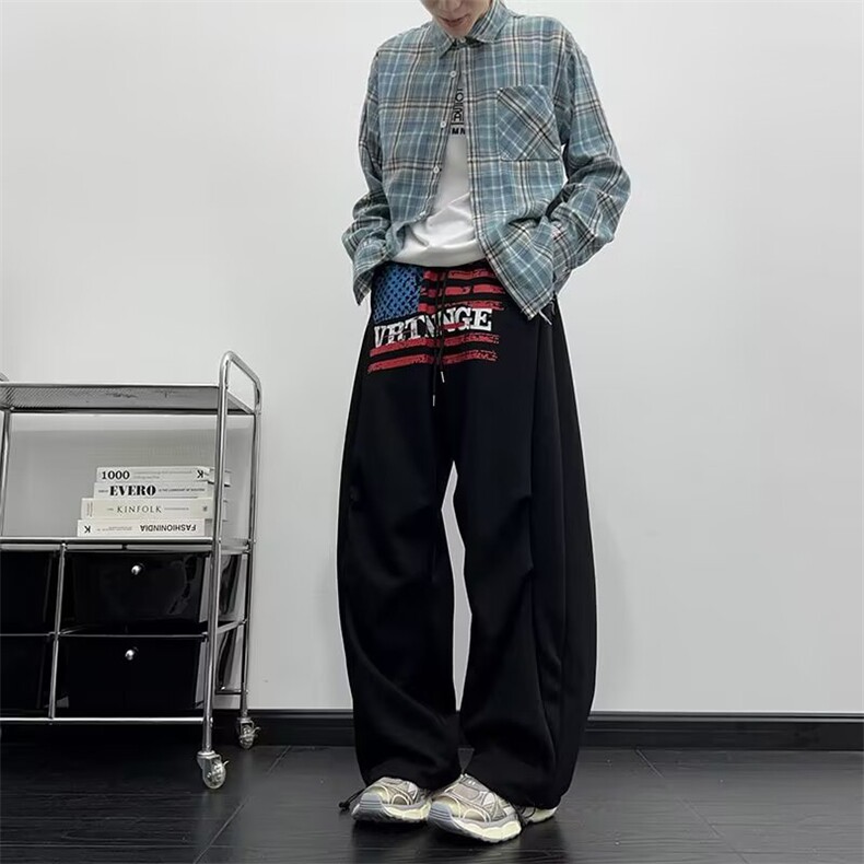 原宿新款ins美式复古褶子宽松高腰长裤女生穿也好看情侣日潮潮流，女装休闲裤，星座1210-1