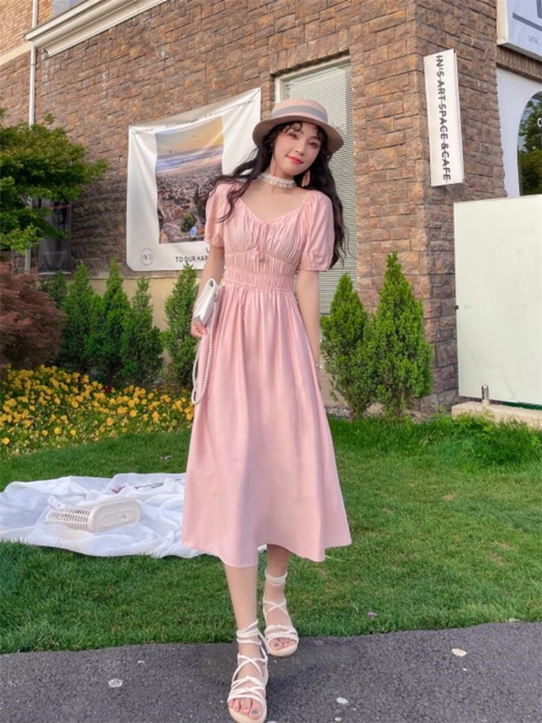 夏季清新连衣裙净色，女装连衣裙，安玖拉