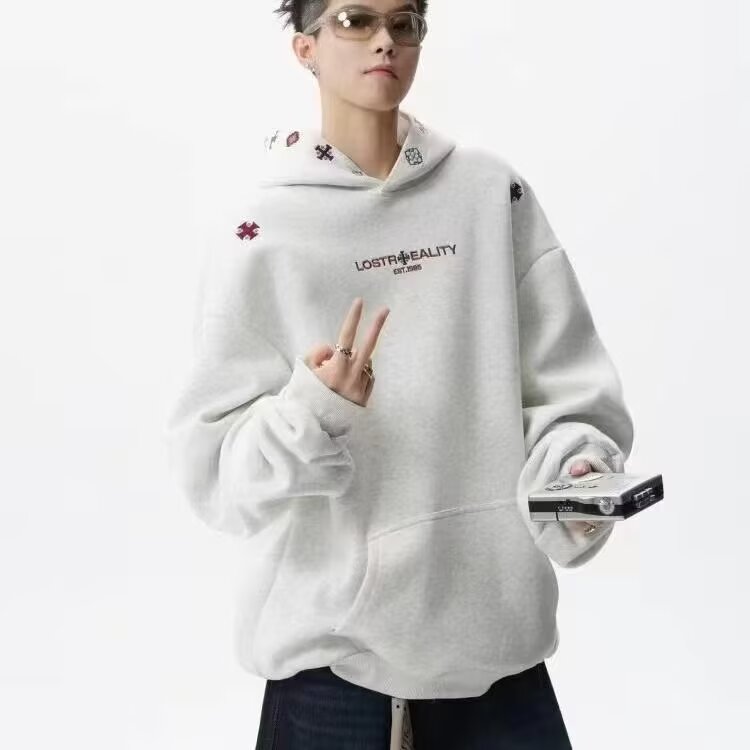 1506/QCX5000/P40龟裂刺绣连帽卫衣男300g宽松休闲上衣潮外套,女装短外套,星座1506
