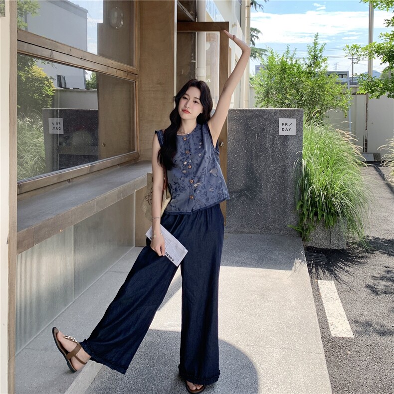 复古印花马甲阔腿裤两件套女2025年夏季新款老钱风巨好看穿搭套装,女装套装/套裙,2C129