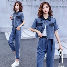 现货，新款韩版撞色宽松休闲牛仔裤两件套工装风休闲减龄显瘦潮女，女装套装/套裙，E百度