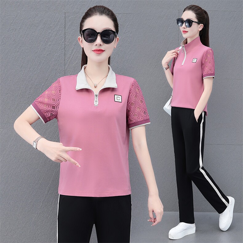 休闲运动服套装女冰丝速干2023年夏季新款中年妈妈时尚两件套洋气,女装运动套装,燕颉服饰