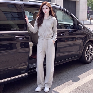 休闲时尚减龄套装女春秋新款宽松显瘦灰色连帽卫衣阔腿长裤两件套图片 休闲时尚减龄套装女春秋新款宽松显瘦灰色连帽卫衣阔腿长裤两件套图片