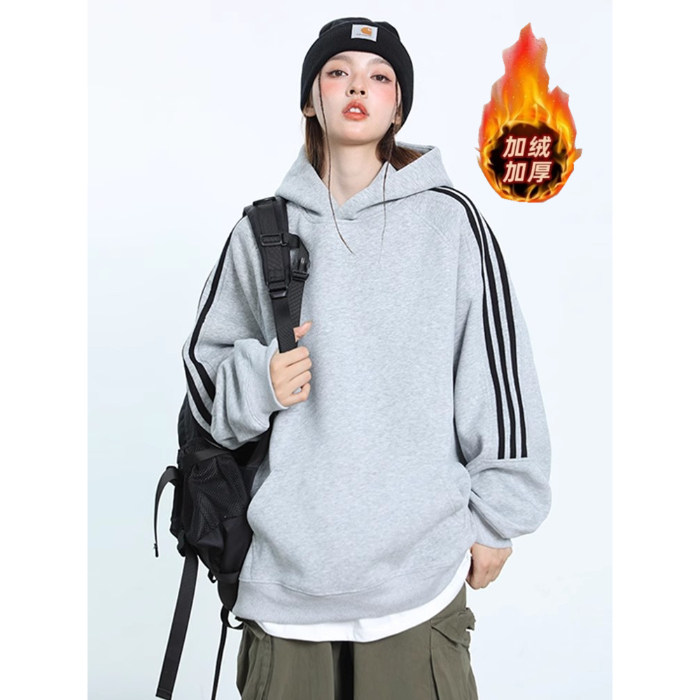 三杆条纹卫衣男女加绒潮牌宽松连帽长袖外套W2436-1#P53【官图】，女装卫衣/绒衫，电商B245