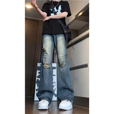 2025新款美式高街潮流磨毛破洞微喇牛仔裤B315-K24191-p60控78，男装牛仔裤，电商B315