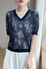 夏季新款天丝V领花藤短袖女宽松百搭显瘦时尚休闲上衣，女装针织衫/毛衣，暖娇绒
