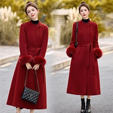 新中双面羊毛中长款大衣2025年新款女装狐狸毛可脱卸修身红色喜庆，女装毛呢外套，玖莱伊