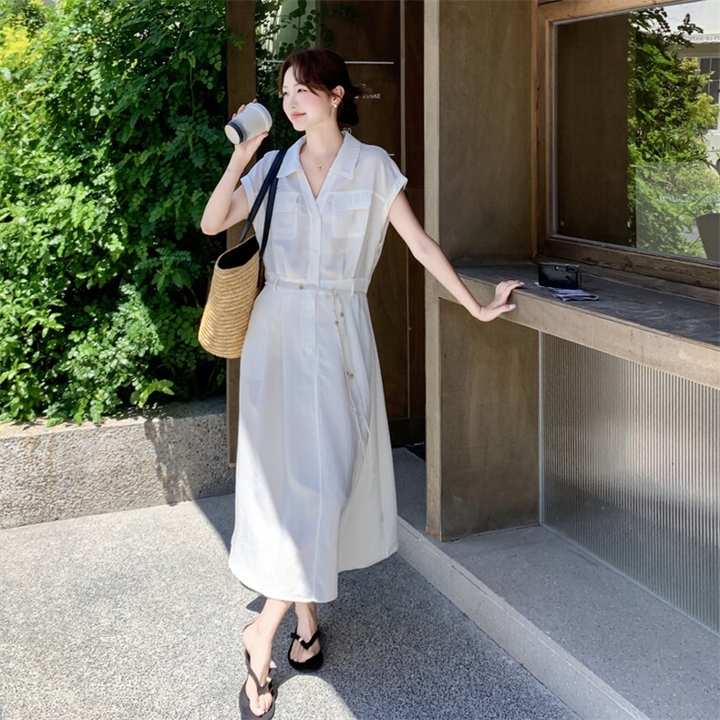 2026夏季浅蓝色短袖翻领衬衫连衣裙女新款简约气质系带收腰长裙子，女装连衣裙，霓裳依族