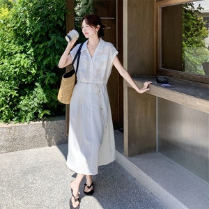 2026夏季浅蓝色短袖翻领衬衫连衣裙女新款简约气质系带收腰长裙子，女装连衣裙，霓裳依族