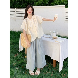小个子设计感刺绣衬衫套装女夏季休闲阔腿裤两件套图片