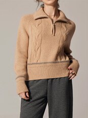 加厚半开拉链翻领100%纯羊毛衫女扭花针织毛衣宽松拼色打底羊绒衫，女装针织衫/毛衣，珍珑羊绒