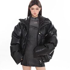 美式短款PU皮立领棉服外套男冬季加厚面包服棉衣，男装棉衣，星座716-2